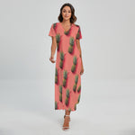 Pastel Pink Pineapple Pattern Print Short Sleeve Maxi Dress