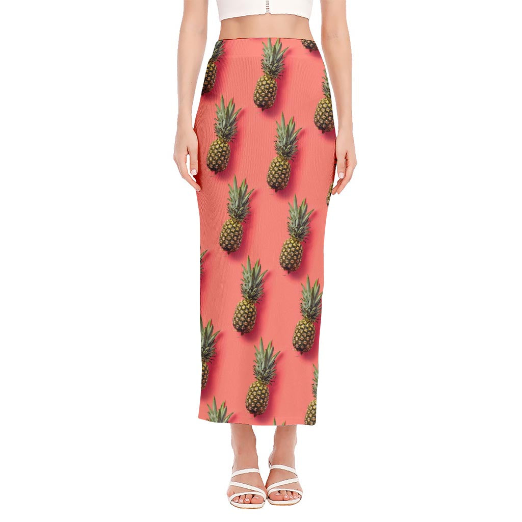Pastel Pink Pineapple Pattern Print Side Slit Maxi Skirt