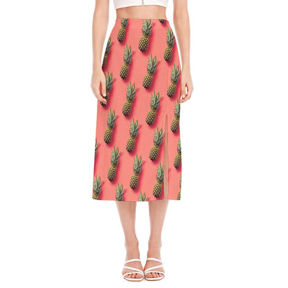 Pastel Pink Pineapple Pattern Print Side Slit Midi Skirt