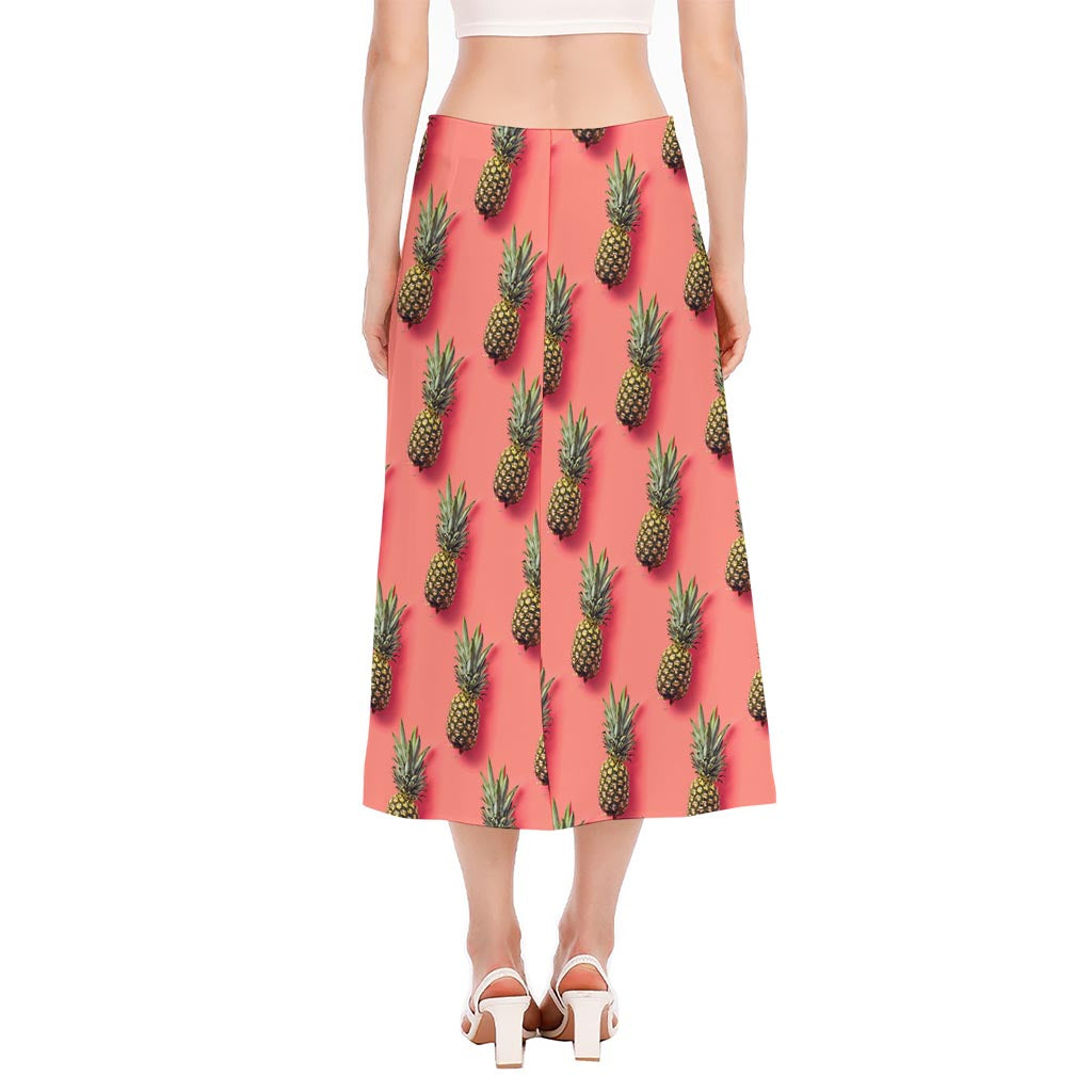 Pastel Pink Pineapple Pattern Print Side Slit Midi Skirt