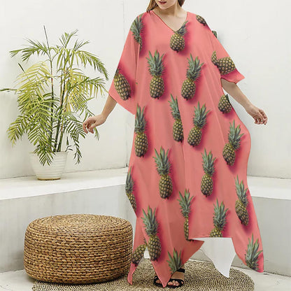 Pastel Pink Pineapple Pattern Print Silk V-Neck Kaftan Dress