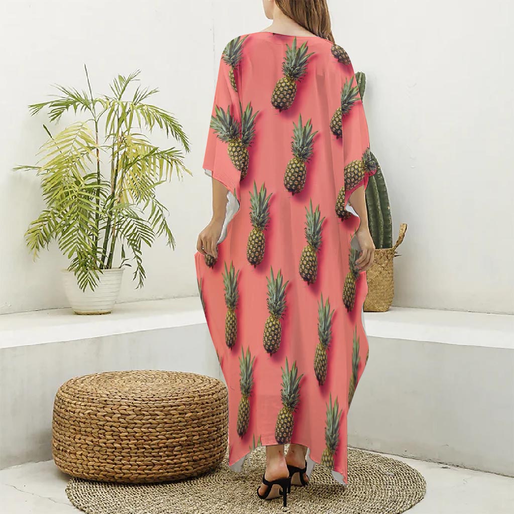Pastel Pink Pineapple Pattern Print Silk V-Neck Kaftan Dress