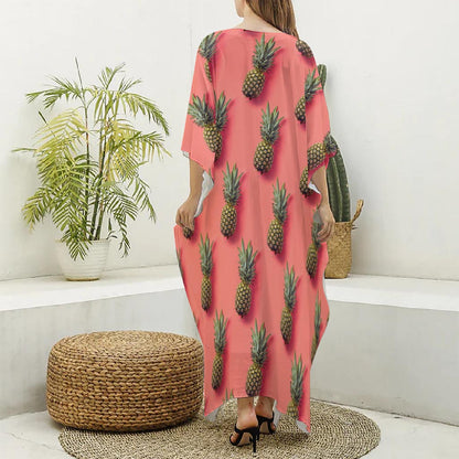 Pastel Pink Pineapple Pattern Print Silk V-Neck Kaftan Dress