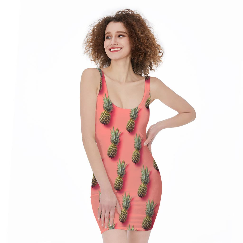 Pastel Pink Pineapple Pattern Print Sleeveless Bodycon Dress