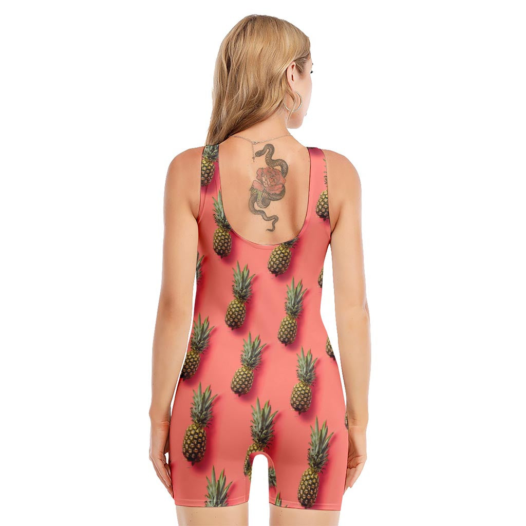 Pastel Pink Pineapple Pattern Print Sleeveless One Piece Swimsuit