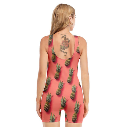 Pastel Pink Pineapple Pattern Print Sleeveless One Piece Swimsuit