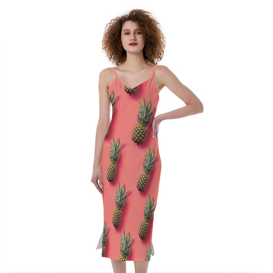 Pastel Pink Pineapple Pattern Print Slim Fit Midi Cami Dress