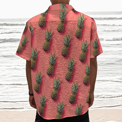 Pastel Pink Pineapple Pattern Print Textured Short Sleeve Shirt