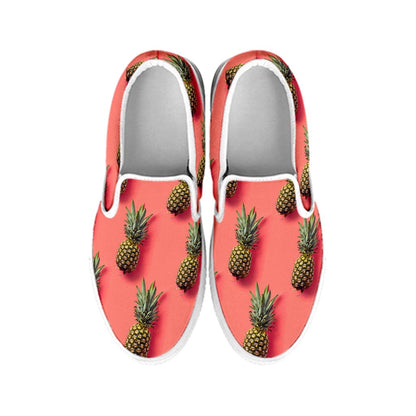 Pastel Pink Pineapple Pattern Print White Slip On Sneakers