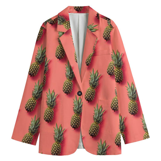 Pastel Pink Pineapple Pattern Print Women's Cotton Blazer