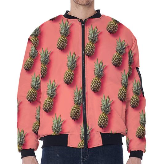 Pastel Pink Pineapple Pattern Print Zip Sleeve Bomber Jacket