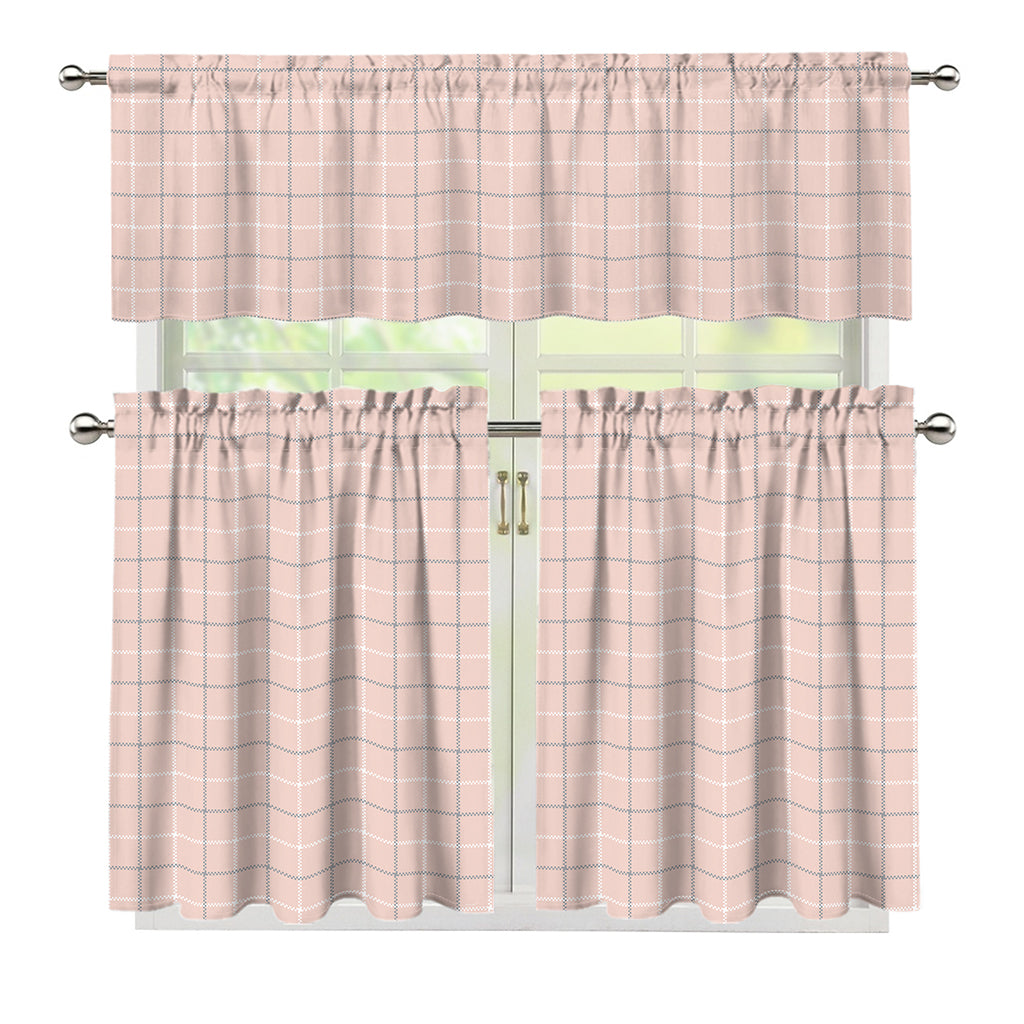 Pastel Pink Tattersall Pattern Print 3 Piece Kitchen Curtains