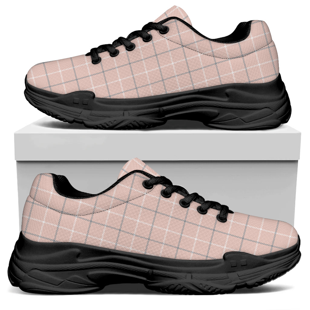 Pastel Pink Tattersall Pattern Print Black Chunky Shoes