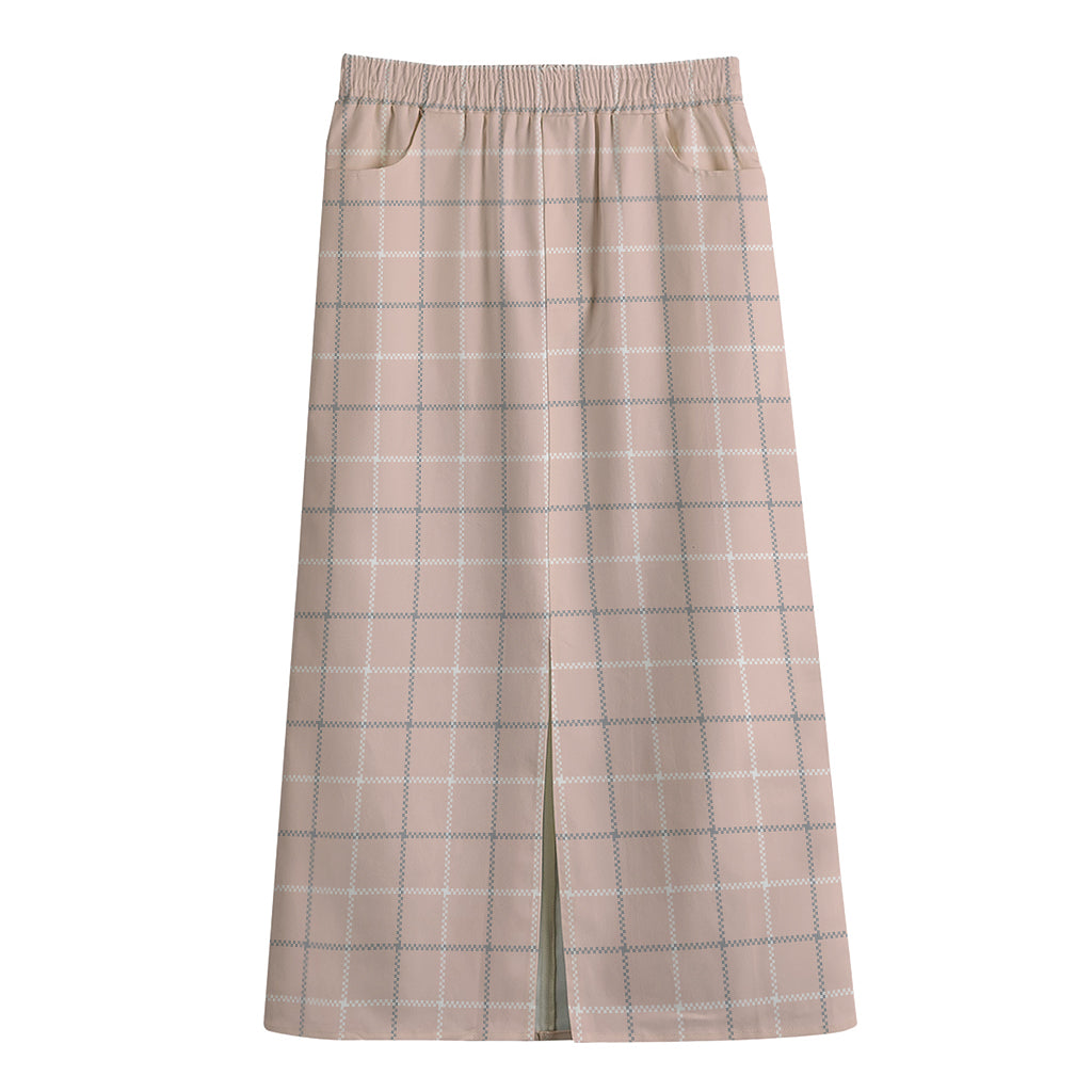 Pastel Pink Tattersall Pattern Print Cotton Front Slit Maxi Skirt