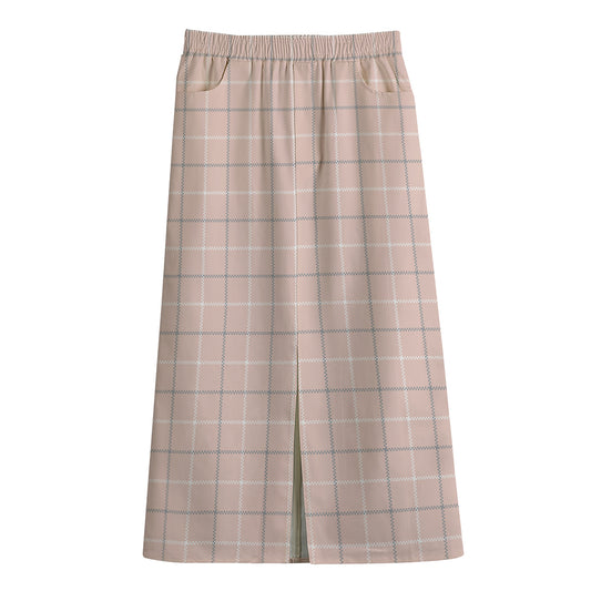 Pastel Pink Tattersall Pattern Print Cotton Front Slit Maxi Skirt