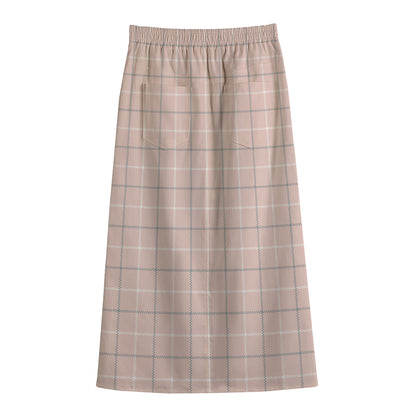 Pastel Pink Tattersall Pattern Print Cotton Front Slit Maxi Skirt