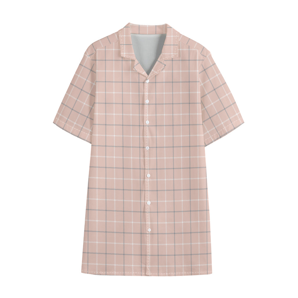 Pastel Pink Tattersall Pattern Print Cotton Hawaiian Shirt