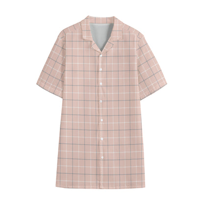 Pastel Pink Tattersall Pattern Print Cotton Hawaiian Shirt