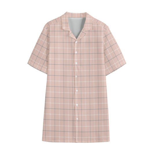Pastel Pink Tattersall Pattern Print Cotton Hawaiian Shirt