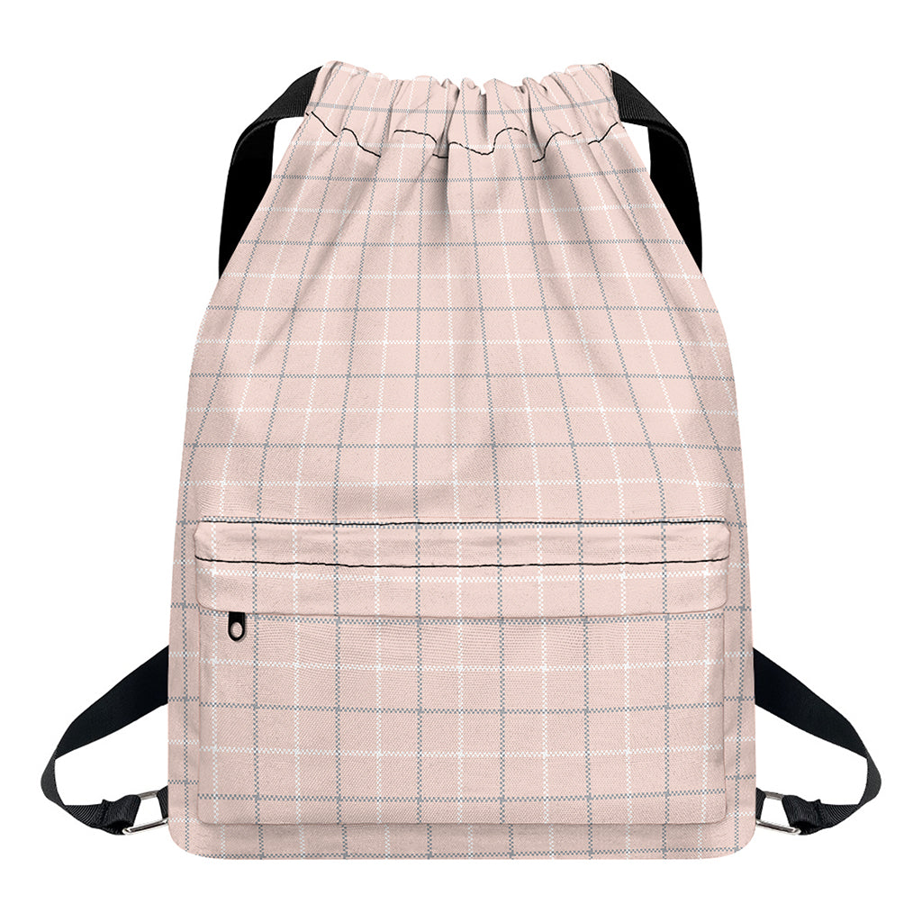 Pastel Pink Tattersall Pattern Print Drawstring Backpack