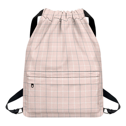 Pastel Pink Tattersall Pattern Print Drawstring Backpack