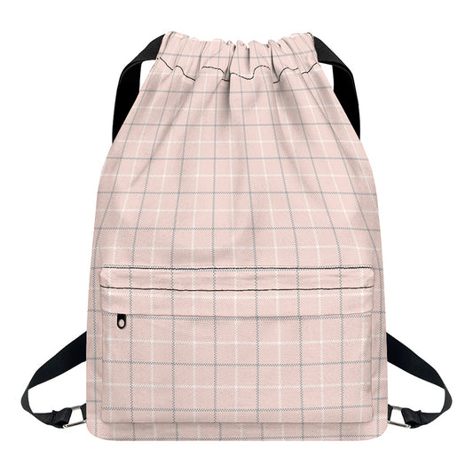 Pastel Pink Tattersall Pattern Print Drawstring Backpack