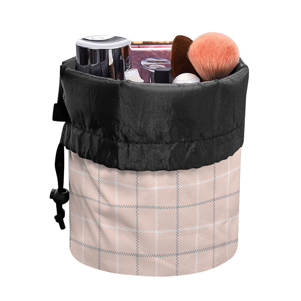 Pastel Pink Tattersall Pattern Print Drawstring Makeup Bag
