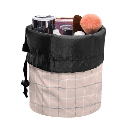 Pastel Pink Tattersall Pattern Print Drawstring Makeup Bag
