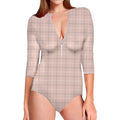 Pastel Pink Tattersall Pattern Print Long Sleeve Swimsuit