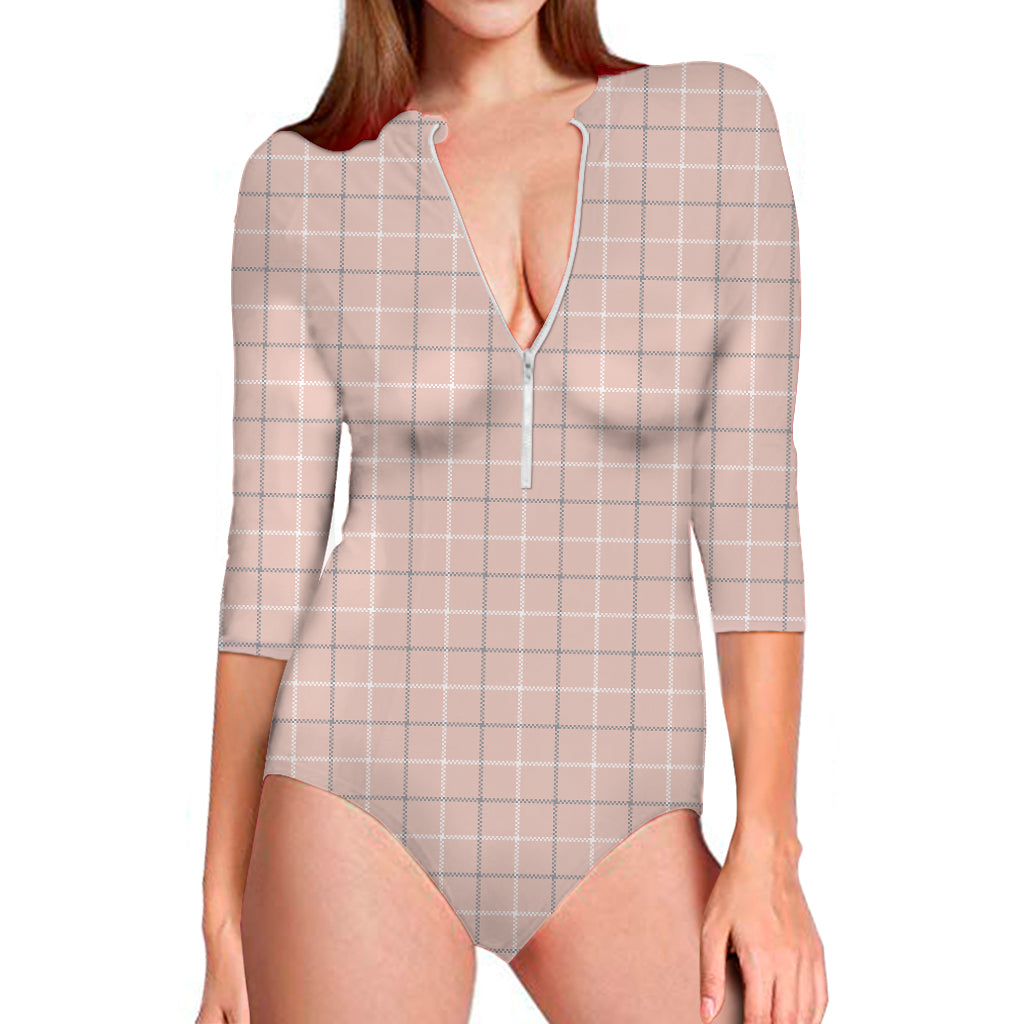 Pastel Pink Tattersall Pattern Print Long Sleeve Swimsuit