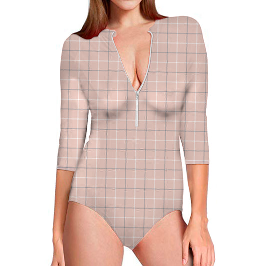 Pastel Pink Tattersall Pattern Print Long Sleeve Swimsuit