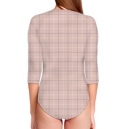 Pastel Pink Tattersall Pattern Print Long Sleeve Swimsuit