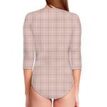 Pastel Pink Tattersall Pattern Print Long Sleeve Swimsuit
