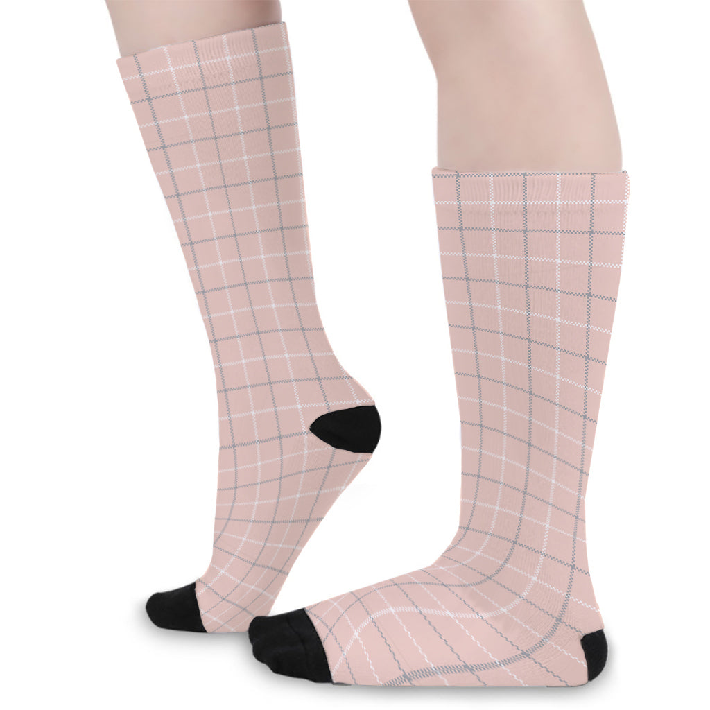 Pastel Pink Tattersall Pattern Print Long Socks