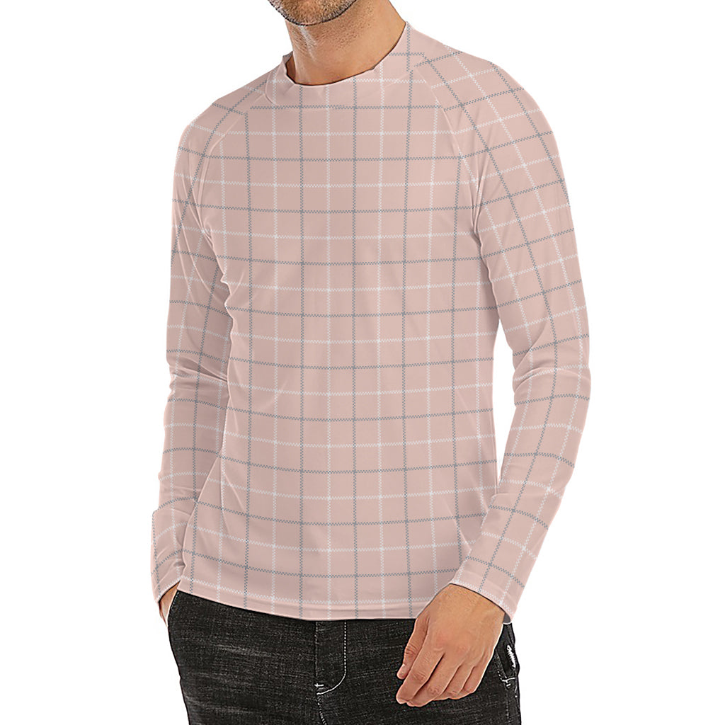 Pastel Pink Tattersall Pattern Print Men's Long Sleeve Rash Guard