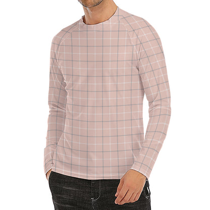 Pastel Pink Tattersall Pattern Print Men's Long Sleeve Rash Guard