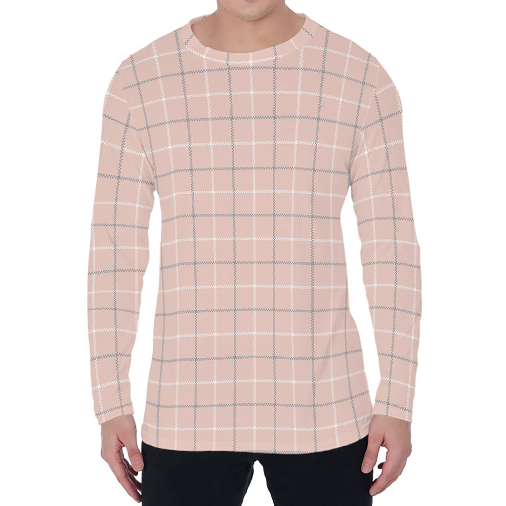 Pastel Pink Tattersall Pattern Print Men's Long Sleeve T-Shirt