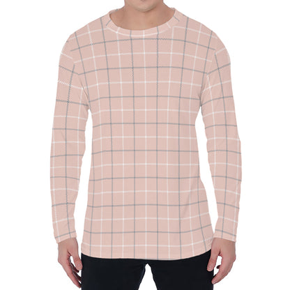 Pastel Pink Tattersall Pattern Print Men's Long Sleeve T-Shirt