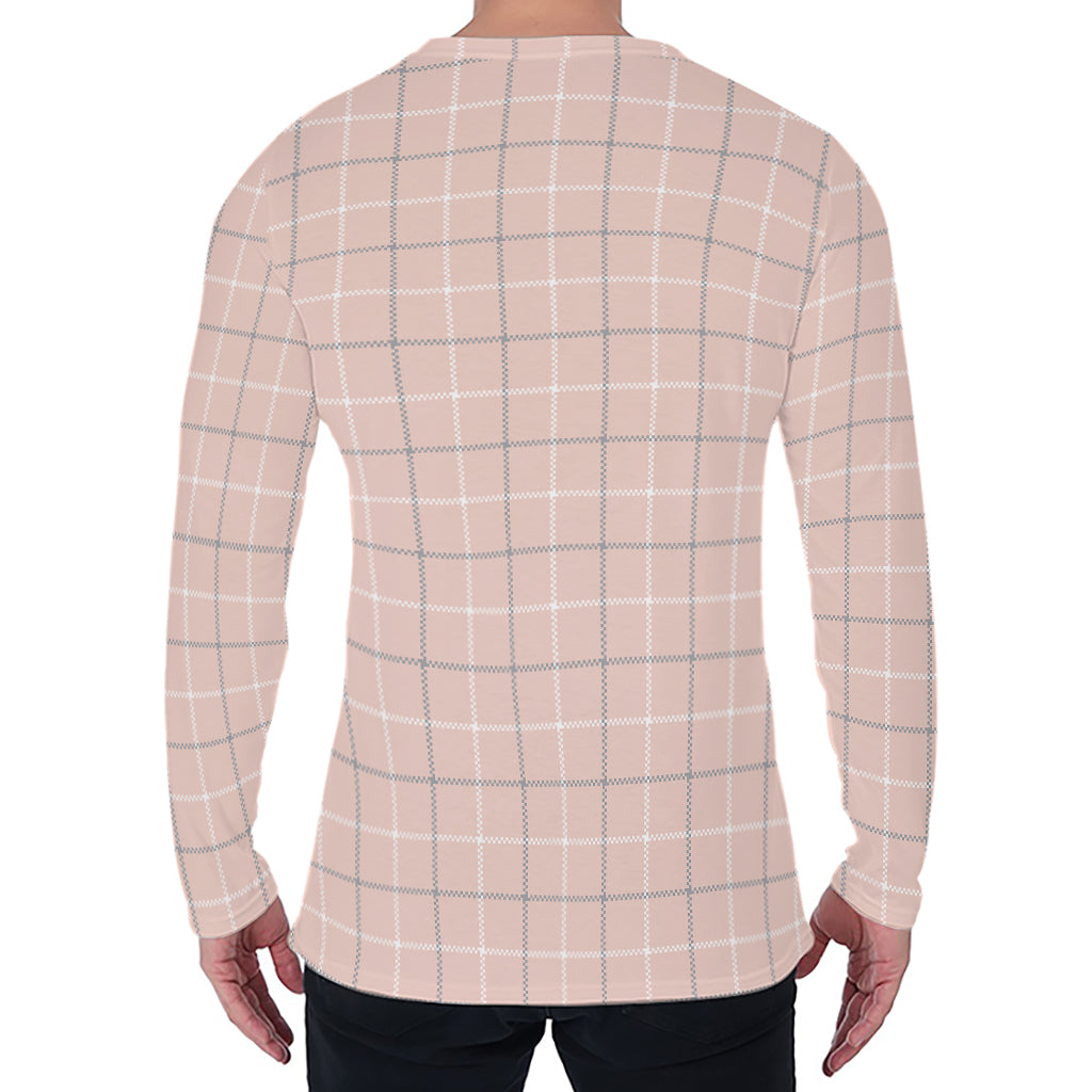 Pastel Pink Tattersall Pattern Print Men's Long Sleeve T-Shirt