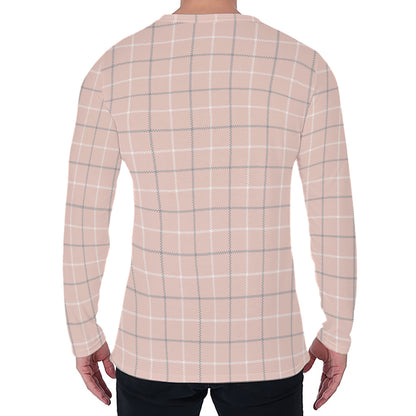 Pastel Pink Tattersall Pattern Print Men's Long Sleeve T-Shirt