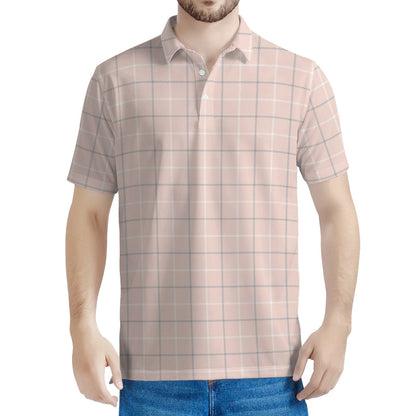 Pastel Pink Tattersall Pattern Print Men's Polo Shirt