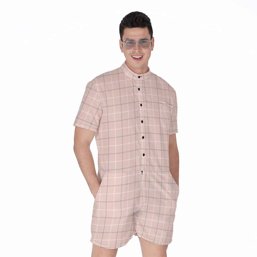 Pastel Pink Tattersall Pattern Print Men's Rompers