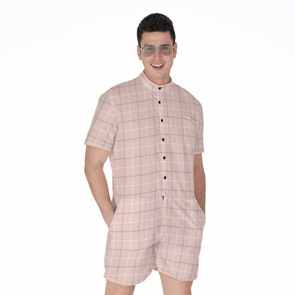 Pastel Pink Tattersall Pattern Print Men's Rompers