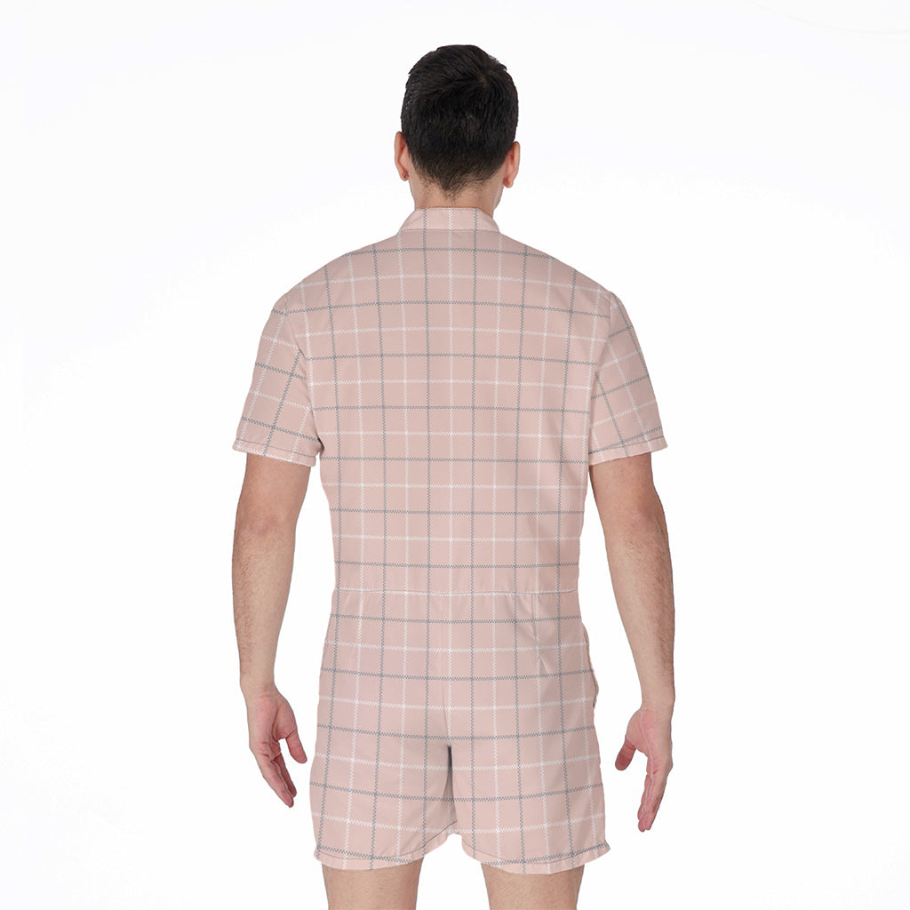 Pastel Pink Tattersall Pattern Print Men's Rompers