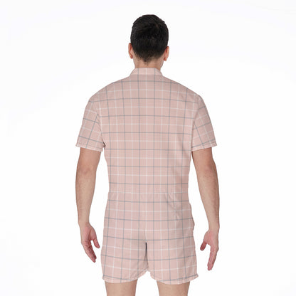 Pastel Pink Tattersall Pattern Print Men's Rompers