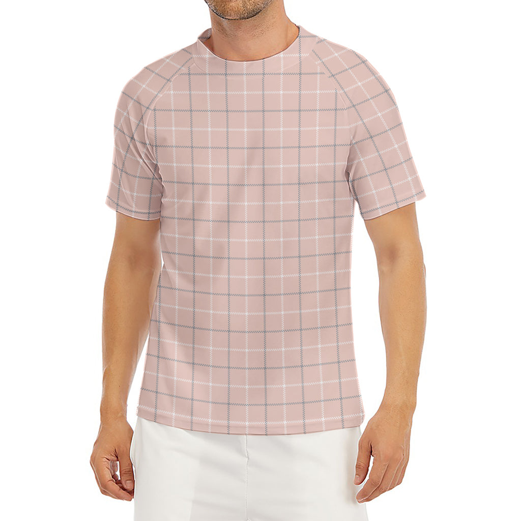 Pastel Pink Tattersall Pattern Print Men's Short Sleeve Rash Guard