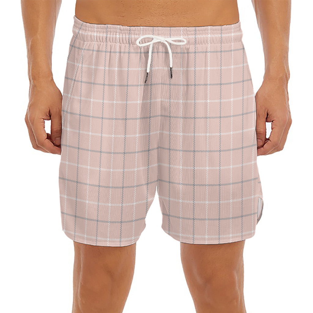 Pastel Pink Tattersall Pattern Print Men's Split Running Shorts