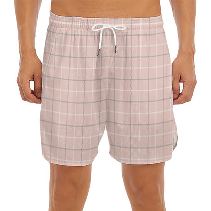 Pastel Pink Tattersall Pattern Print Men's Split Running Shorts