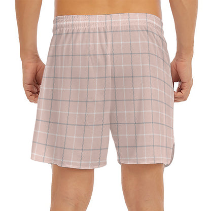 Pastel Pink Tattersall Pattern Print Men's Split Running Shorts