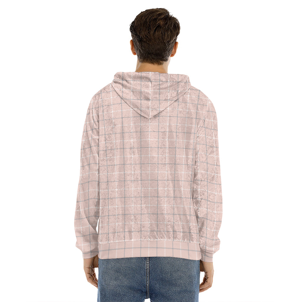 Pastel Pink Tattersall Pattern Print Men's Velvet Pullover Hoodie